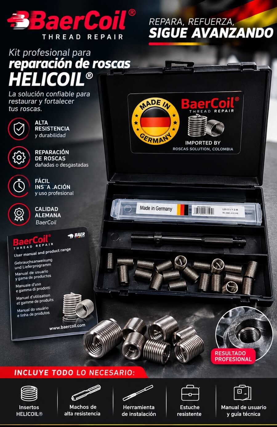 ### Kits Helicoil Alemanes para reparación de roscas

Kits **Helicoil de fabricación alemana** para la reparación y recuperación profesional de roscas internas dañadas o desgastadas. Disponibles en medidas desde **M3 hasta M30**, con las herramientas necesarias para realizar una instalación precisa según la medida seleccionada.

Ideales para aplicaciones **automotrices, motocicletas, maquinaria, metalmecánica y mantenimiento industrial**.

**Roscas Solution** ofrece kits de reparación de roscas, asesoría técnica y cobertura nacional en Colombia.
