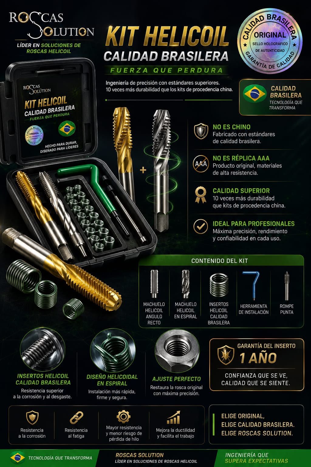 ### Kits Helicoil Brasileños M4 a M18

Kits **Helicoil de fabricación brasileña** para la reparación y recuperación de roscas internas dañadas o desgastadas. Disponibles en medidas desde **M4 hasta M18**, con los componentes necesarios para realizar una instalación adecuada según la medida seleccionada.

Ideales para aplicaciones **automotrices, motocicletas, maquinaria, metalmecánica y mantenimiento**.

**Roscas Solution** ofrece soluciones para reparación de roscas, asesoría técnica y cobertura nacional en Colombia.
